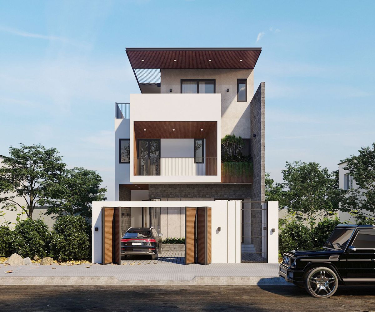 Mẫu biệt thự 3 tầng mái bằng đẹp hiện đại, kèm bản vẽ & báo giá (cập nhật 2026) 15 Mẫu biệt thự 3 tầng mái bằng mặt tiền 7–8m – Nhỏ gọn nhưng đẳng cấp (Ảnh: Sưu tầm)