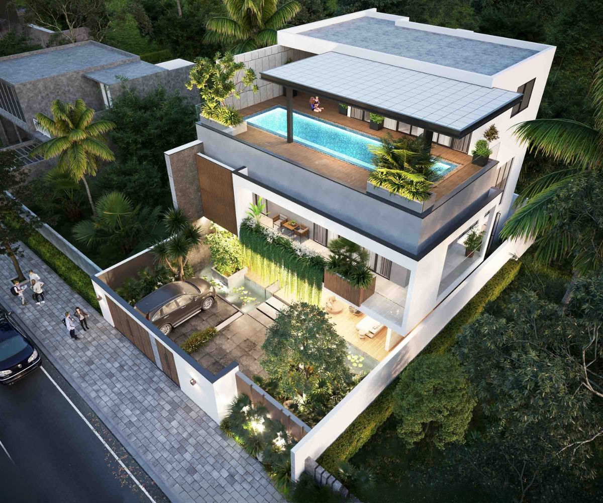 Mẫu biệt thự 3 tầng mái bằng đẹp hiện đại, kèm bản vẽ & báo giá (cập nhật 2026) 23 Điểm nhấn sang trọng cho nhà 3 tầng mái bằng đẹp (Ảnh: Sưu tầm)