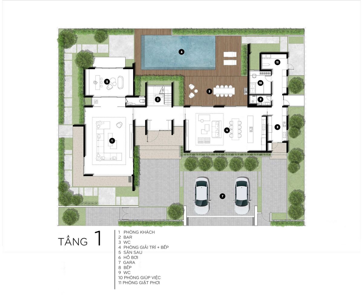 Mẫu biệt thự 3 tầng mái bằng đẹp hiện đại, kèm bản vẽ & báo giá (cập nhật 2026) 24 Tầng 1 của biệt thự 3 tầng hiện đại – Không gian sinh hoạt chung tiện nghi (Ảnh: Sưu tầm)