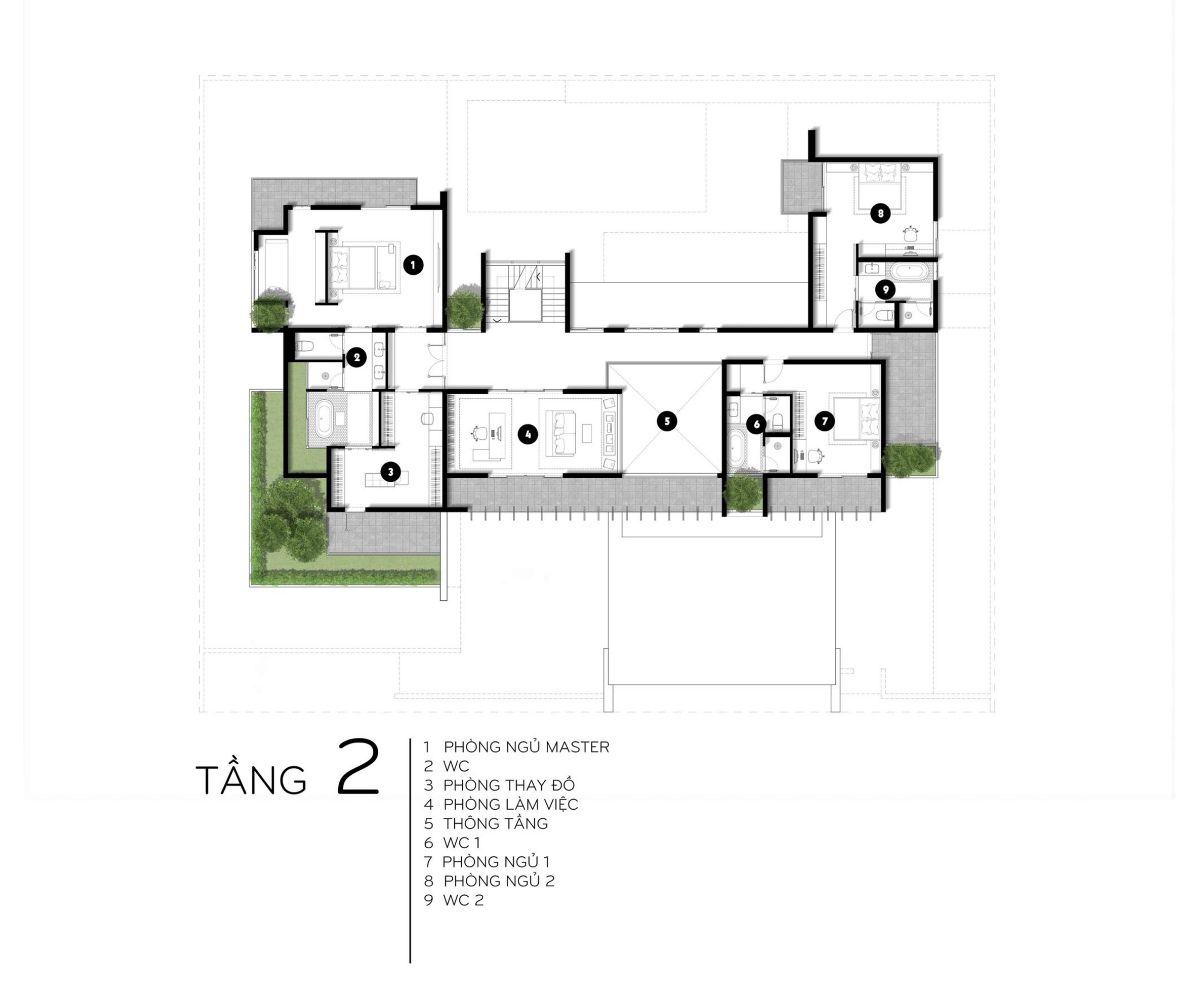 Mẫu biệt thự 3 tầng mái bằng đẹp hiện đại, kèm bản vẽ & báo giá (cập nhật 2026) 25 Tầng 2 trong mẫu biệt thự 3 tầng mái bằng – Không gian nghỉ ngơi riêng tư (Ảnh: Sưu tầm)