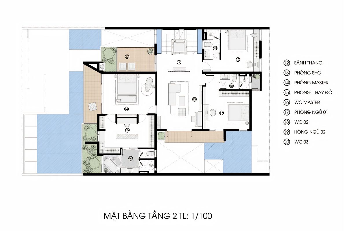 Khu vực phòng ngủ biệt thự mái Thái 3 tầng đảm bảo riêng tư và thông thoáng tự nhiên (Ảnh: Sưu tầm)