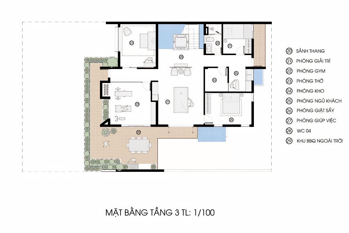 Tầng mái biệt thự mái Thái có thể tận dụng làm sân thượng thư giãn và điều hòa vi khí hậu (Ảnh: Sưu tầm)