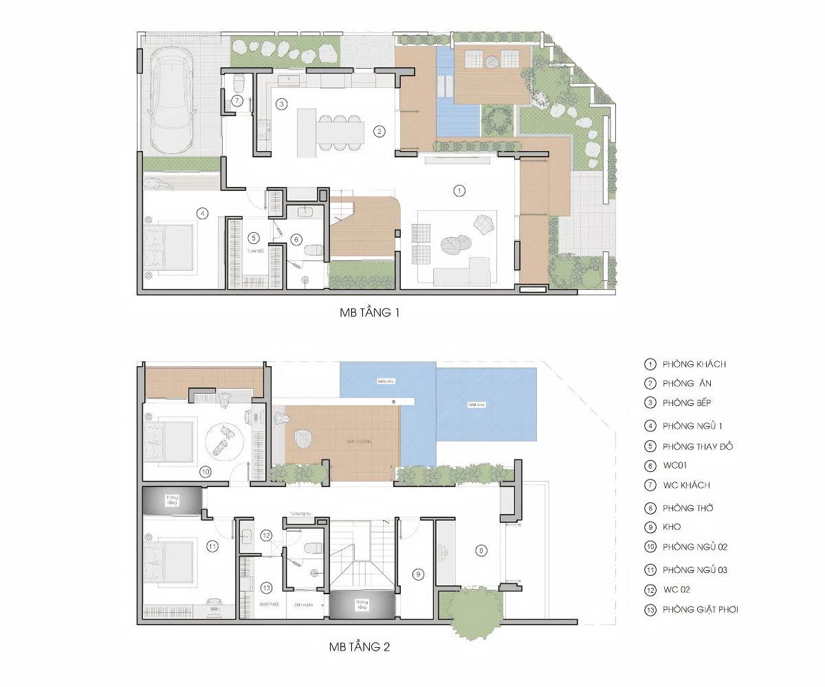Mặt bằng biệt thự 300m2 2 tầng phân chia rõ ràng không gian sinh hoạt và nghỉ ngơi (Ảnh: Sưu tầm)