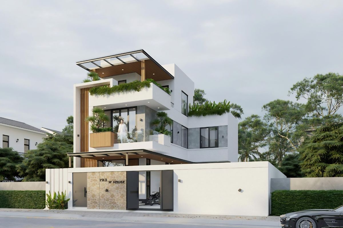 Biệt thự chữ L mái bằng mang phong cách hiện đại với hình khối mạnh mẽ và cá tính  (Ảnh: Sưu tầm)