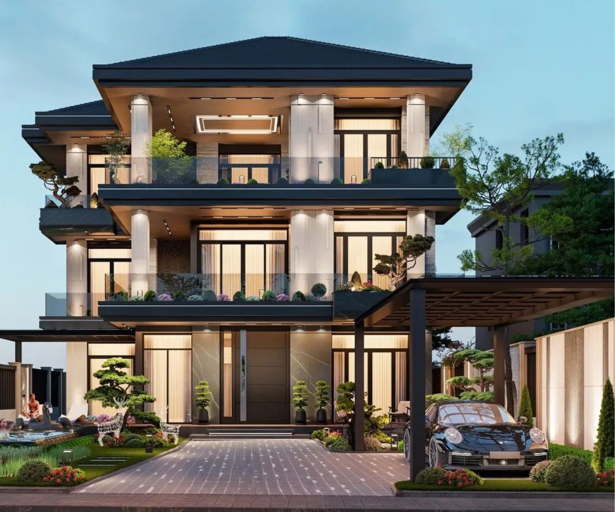 Biệt thự chữ L có gara giúp việc di chuyển thuận tiện và tối ưu công năng sử dụng hàng ngày  (Ảnh: Sưu tầm)