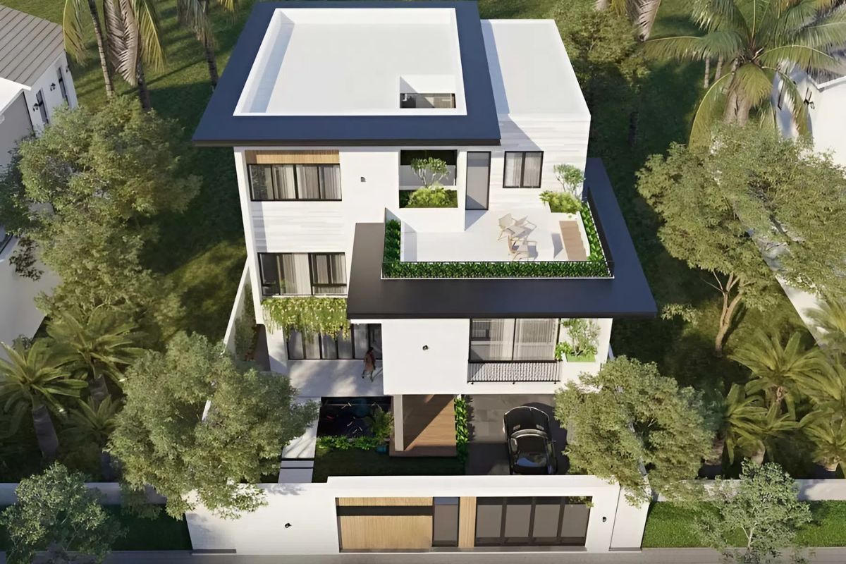 Mẫu thiết kế biệt thự 400m2 đẳng cấp, bản vẽ công năng & báo giá 2026 23 Thiết kế biệt thự 400m² mái bằng tối giản, đẳng cấp