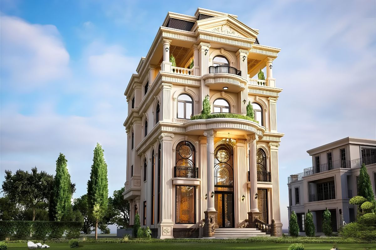 Thiết kế biệt thự kiểu lâu đài kết hợp mái Mansard tạo nên vẻ đẹp xa hoa và đầy tính biểu tượng (Ảnh: Sưu tầm)