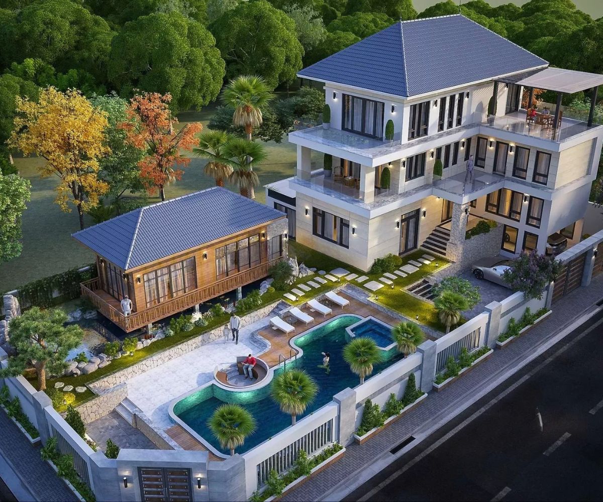 Thiết kế biệt thự mái Nhật có hồ bơi – kết nối thiên nhiên và kiến trúc (Ảnh: Sưu tầm)