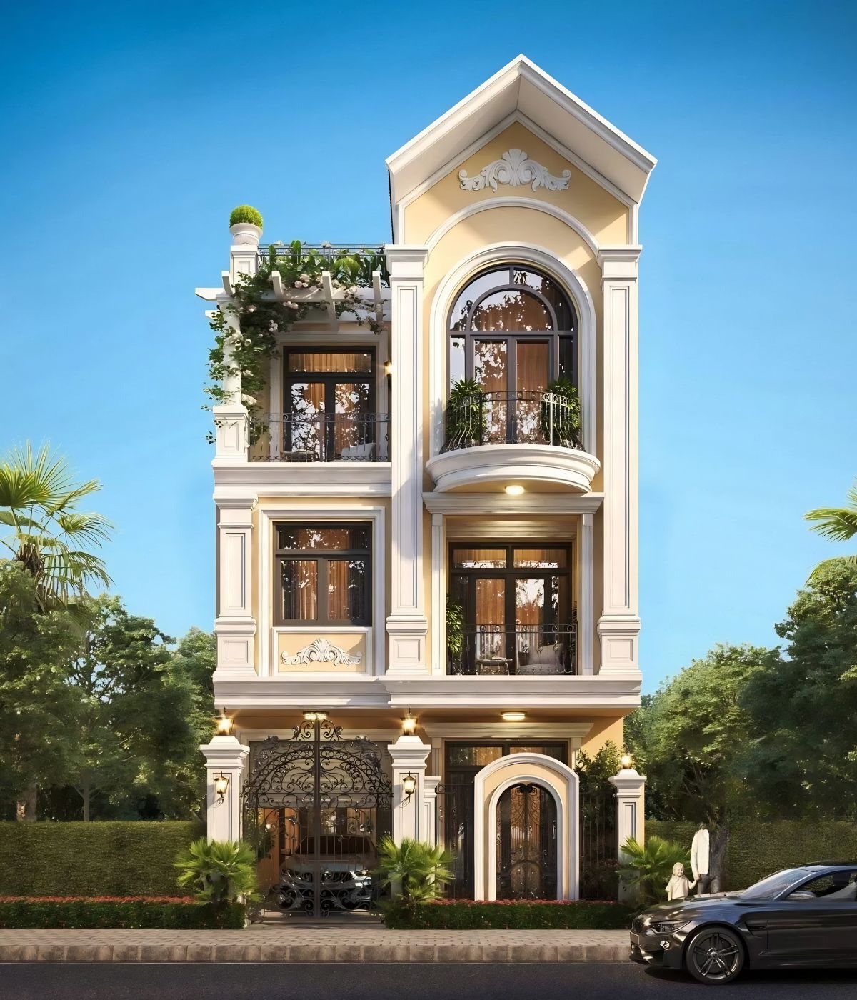 Sự kết hợp giữa đá, kính và gỗ giúp ngoại thất biệt thự bền đẹp theo thời gian (Ảnh: Sưu tầm)