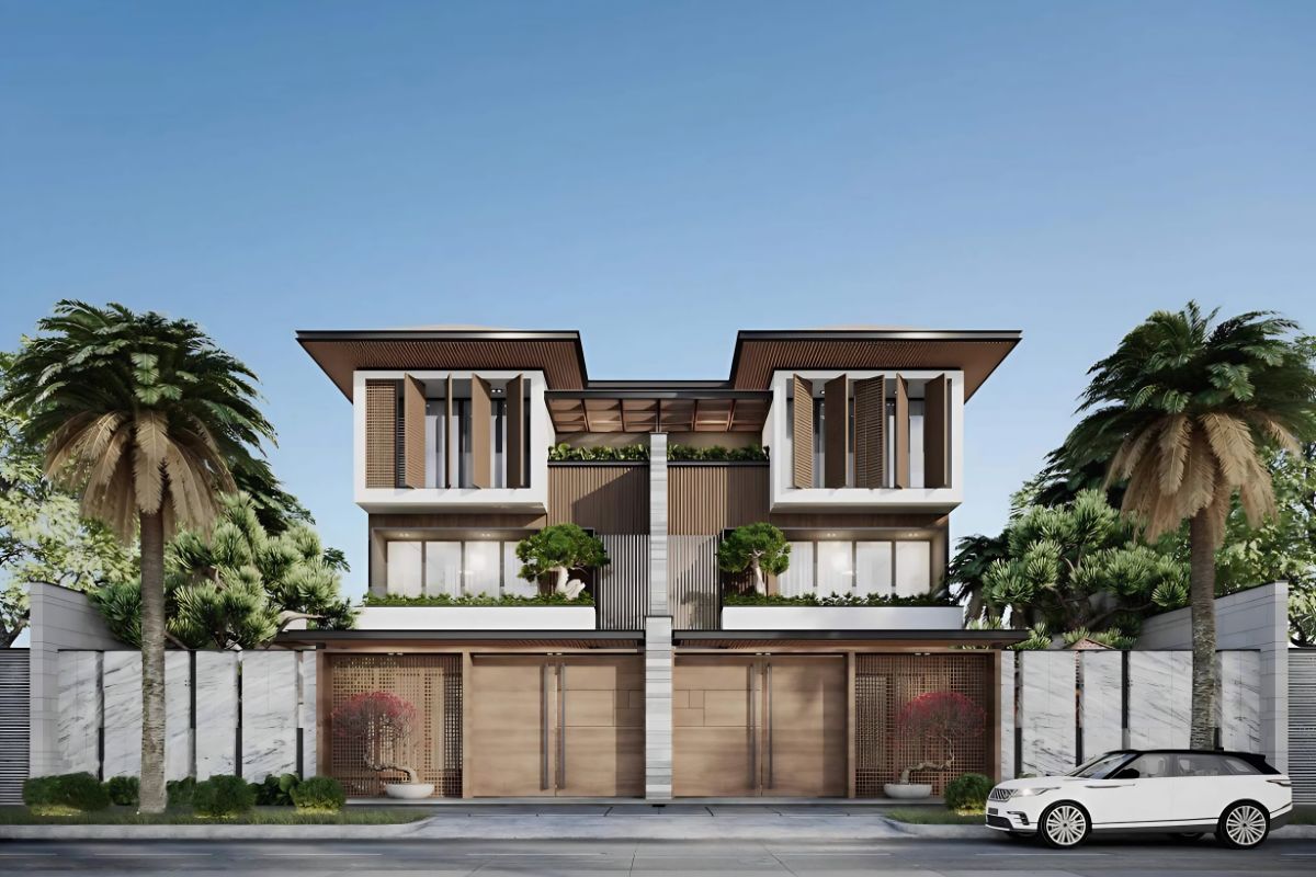 Biệt thự song lập là gì? Ưu nhược điểm, xu hướng năm 2026 6 Biệt thự song lập hiện đại – xu hướng thiết kế tối giản, không gian mở và giàu tính kết nối (Ảnh: Sưu tầm)