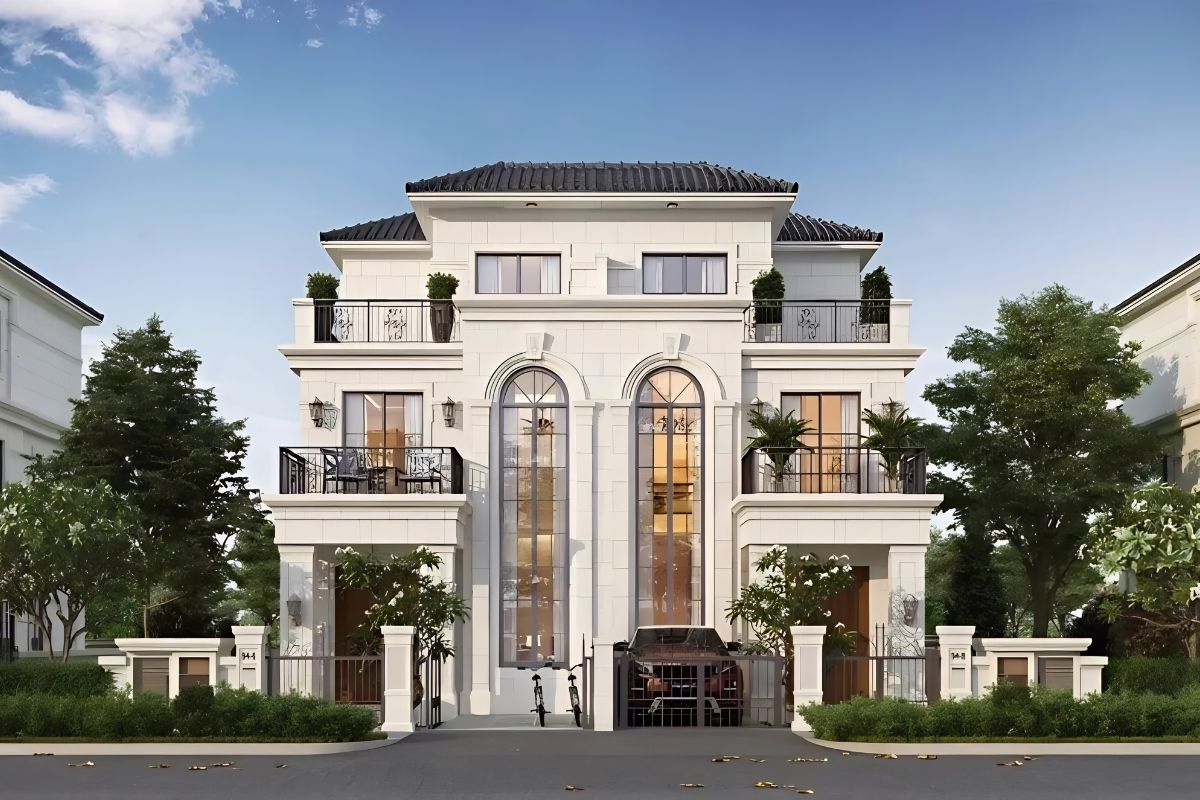 Biệt thự song lập là gì? Ưu nhược điểm, xu hướng năm 2026 7 Biệt thự song lập tân cổ điển – vẻ đẹp sang trọng, tinh tế và bền vững theo thời gian (Ảnh: Sưu tầm)