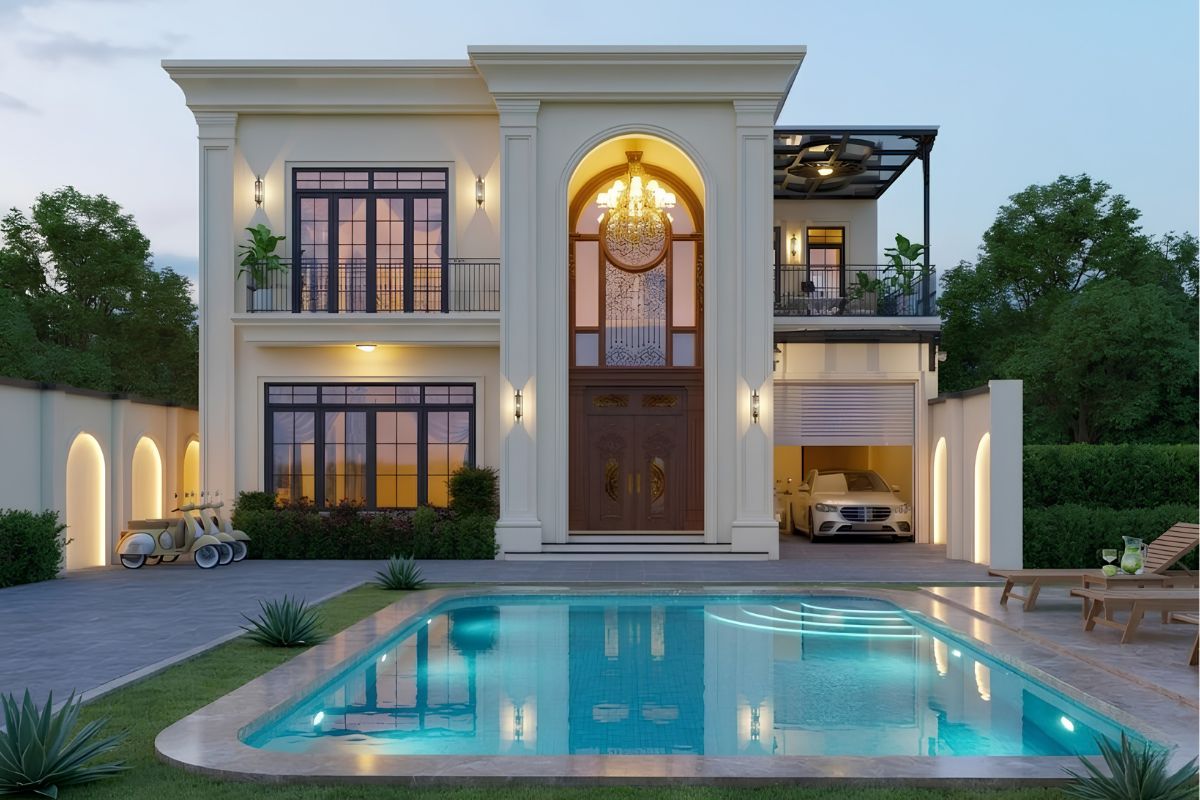 Hồ bơi giúp biệt thự 2 tầng tân cổ điển nâng tầm trải nghiệm sống như resort nghỉ dưỡng cao cấp (Ảnh: Sưu tầm)