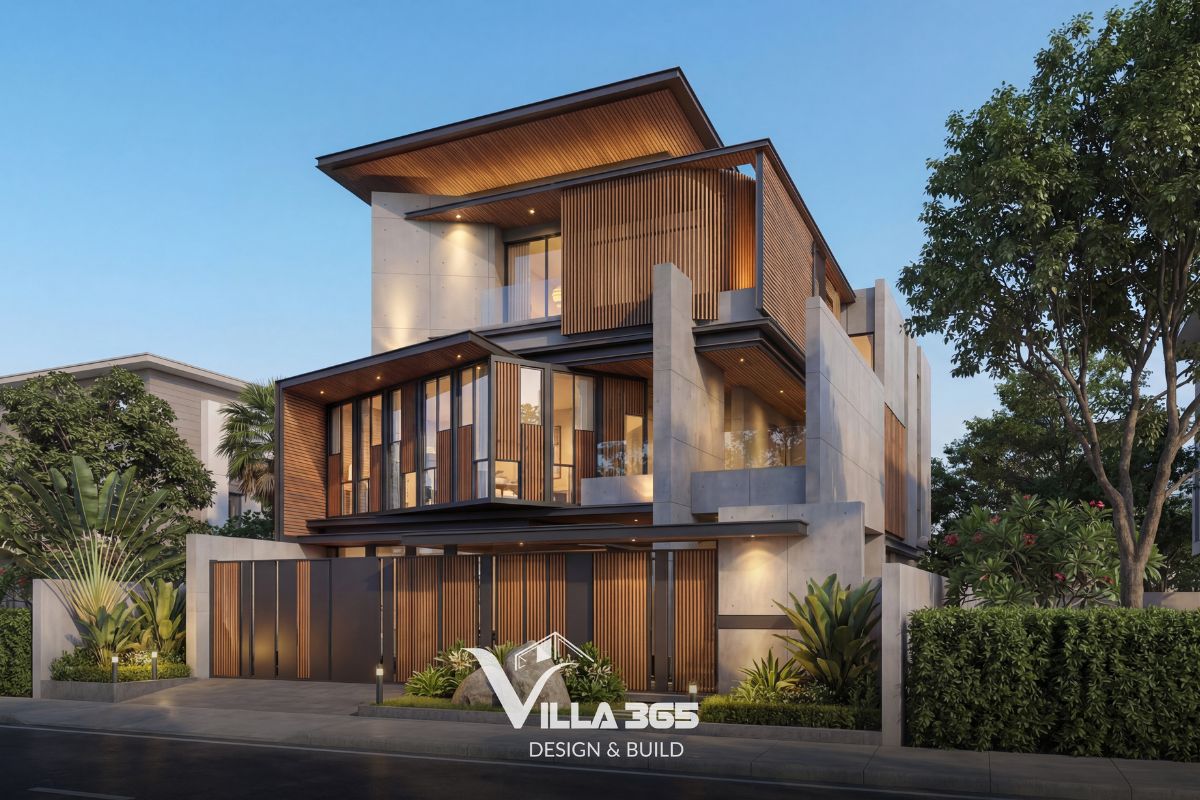 Hình khối đua ra tạo lớp mái che thụ động, góp phần giảm bức xạ trực tiếp cho tầng trệt