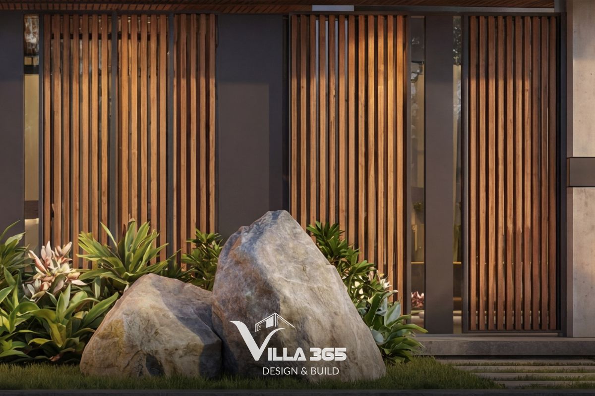 Khu vực bồn hoa sát vỉa hè được bố trí theo phong cách Zen 
