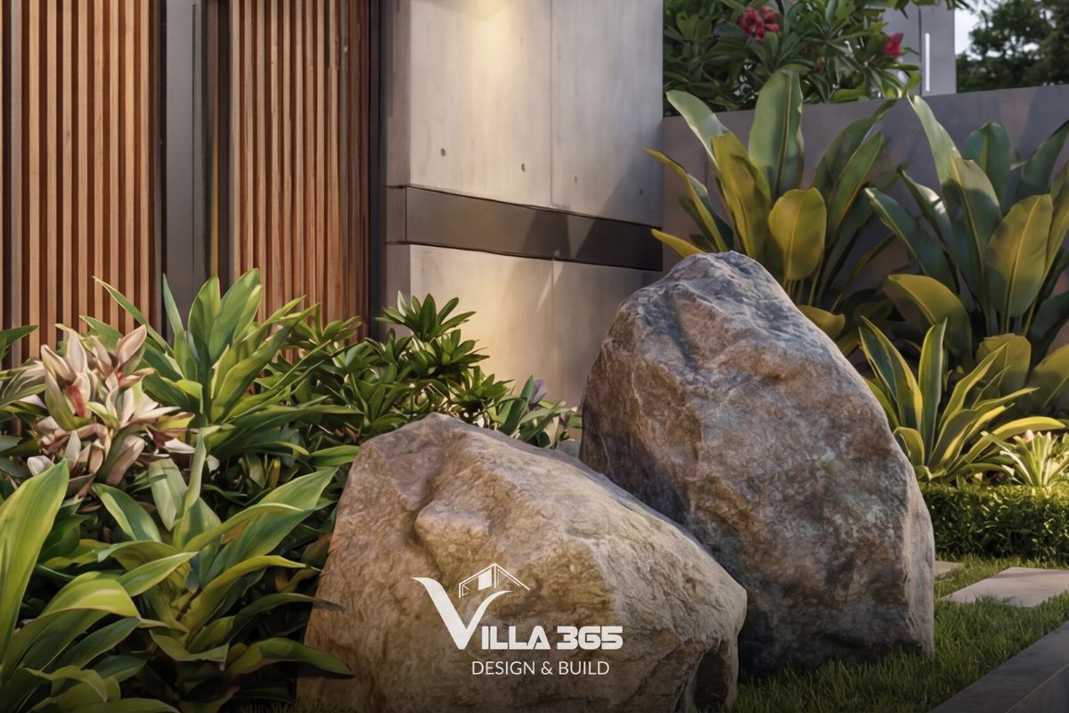 Hai khối đá tự nhiên lớn làm điểm nhấn, xung quanh là các loại cây bụi nhiệt đới xanh tốt