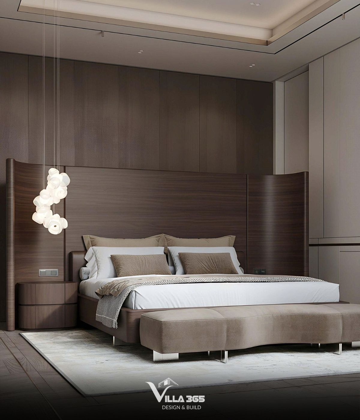 Phòng ngủ mang tinh thần tĩnh tại, tối giản thông qua các đường cong kiến trúc độc đáo cùng chất liệu thô mộc 