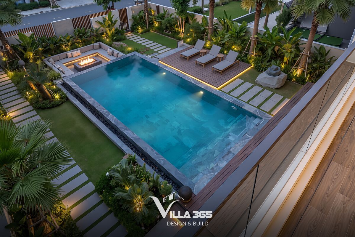 Inner Calm Villa - Biệt thự cân bằng đặc – rỗng linh hoạt, đưa trải nghiệm nghỉ dưỡng vào không gian sống 3 Sát hồ bươi là khu vực tắm nắng và góc quây quần ngoài trời tiện nghi