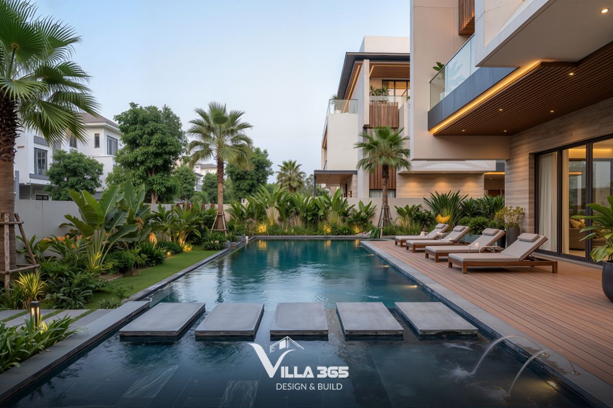 Inner Calm Villa - Biệt thự cân bằng đặc – rỗng linh hoạt, đưa trải nghiệm nghỉ dưỡng vào không gian sống 4 Bao bọc xung quanh là các hàng cây cọ cao vút, cây chuối cảnh và các khóm cây bụi mọc rậm rạp dọc bờ tường