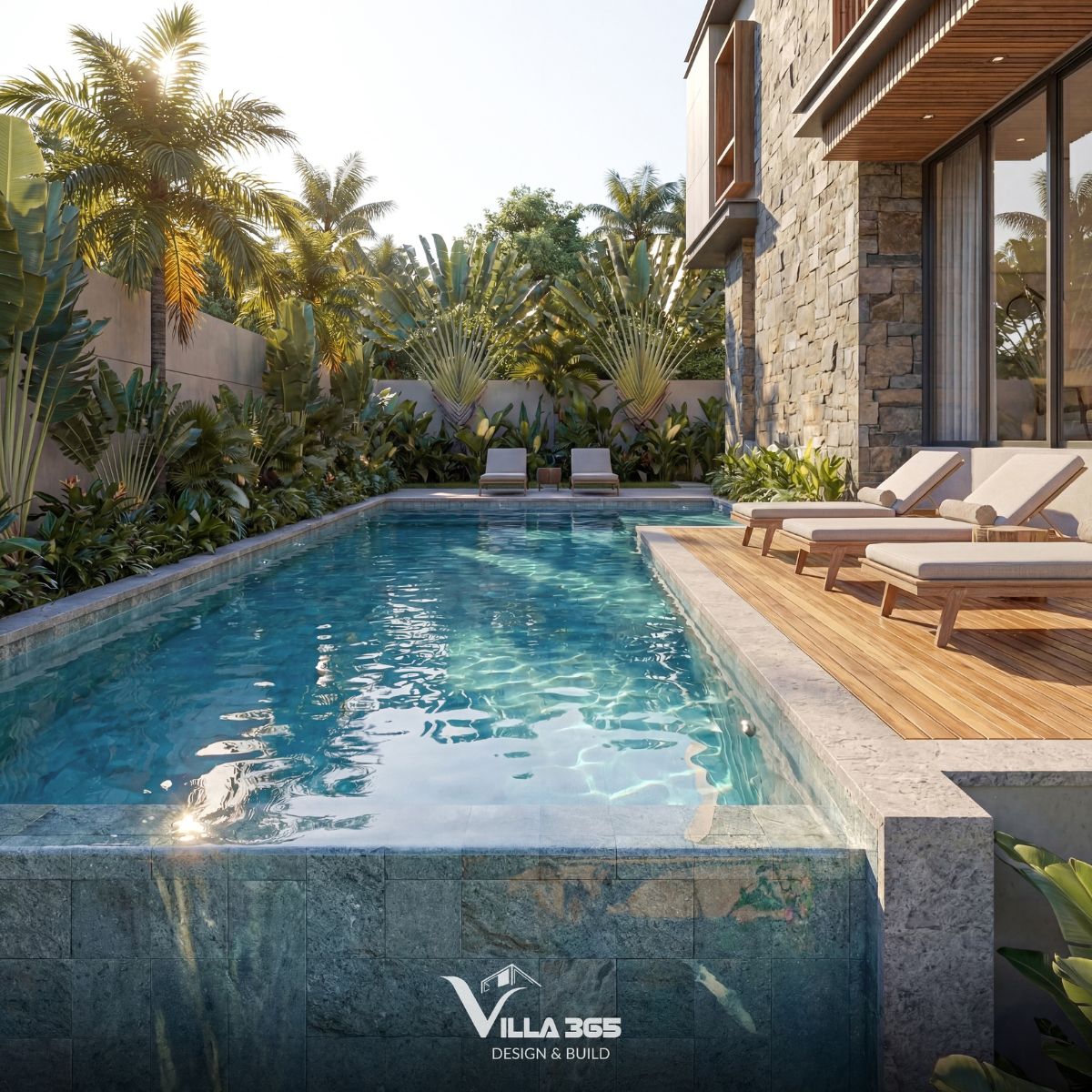 Phần viền hồ bơi được lát đá nhám chống trơn trượt, đảm bảo an toàn cho người sử dụng