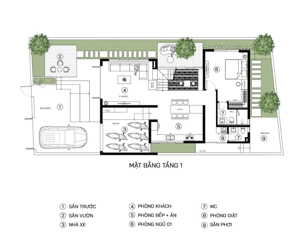 Tầng 1 của biệt thự 250m² mái Thái dành cho không gian sinh hoạt chung gắn kết (Ảnh: Sưu tầm)