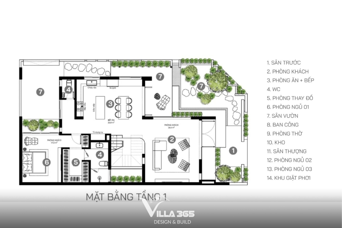 Bản vẽ bố trí công năng của D’s Villa tầng 1