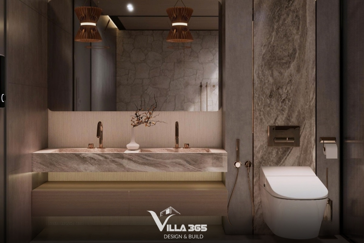 Layered Villa - Giải pháp thiết kế không gian cho gia đình nhiều thế hệ 10 Mảng tường đá cẩm thạch xám với vân lớn đặt cạnh hệ tủ gỗ phẳng phiu bên dưới lavabo tạo nên một sự tương phản thú vị