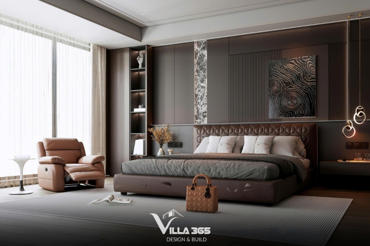Layered Villa - Giải pháp thiết kế không gian cho gia đình nhiều thế hệ 8 Giường ngủ bọc da nâu kết hợp với mảng tường ốp gỗ mang lại sự ấm áp, gần gũi