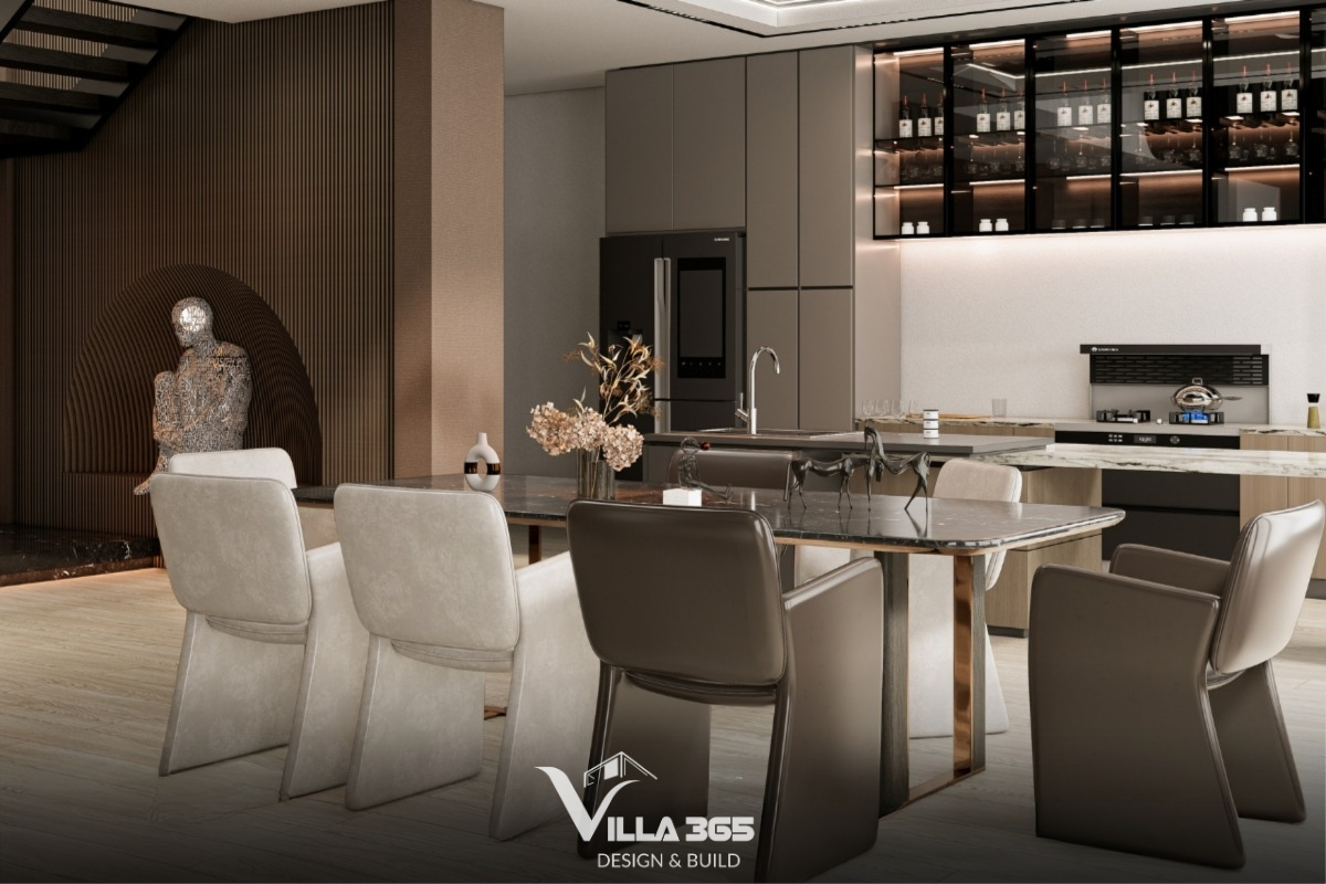 Layered Villa - Giải pháp thiết kế không gian cho gia đình nhiều thế hệ 3 Bàn ăn lớn với hệ ghế bọc da êm ái đảm bảo tất cả 5 thành viên trong gia đình có thể cùng nhau dùng bữa thoải mái, thắt chặt tình cảm gia đình trong các dịp sum họp