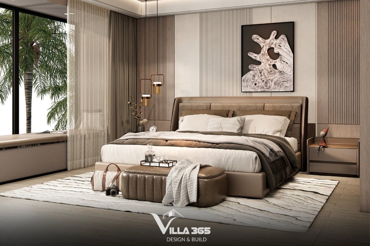 Giường bọc nệm dày, ga trải giường bằng vải linen tự nhiên cùng thảm trải sàn lớn đem lại cảm giác êm ái