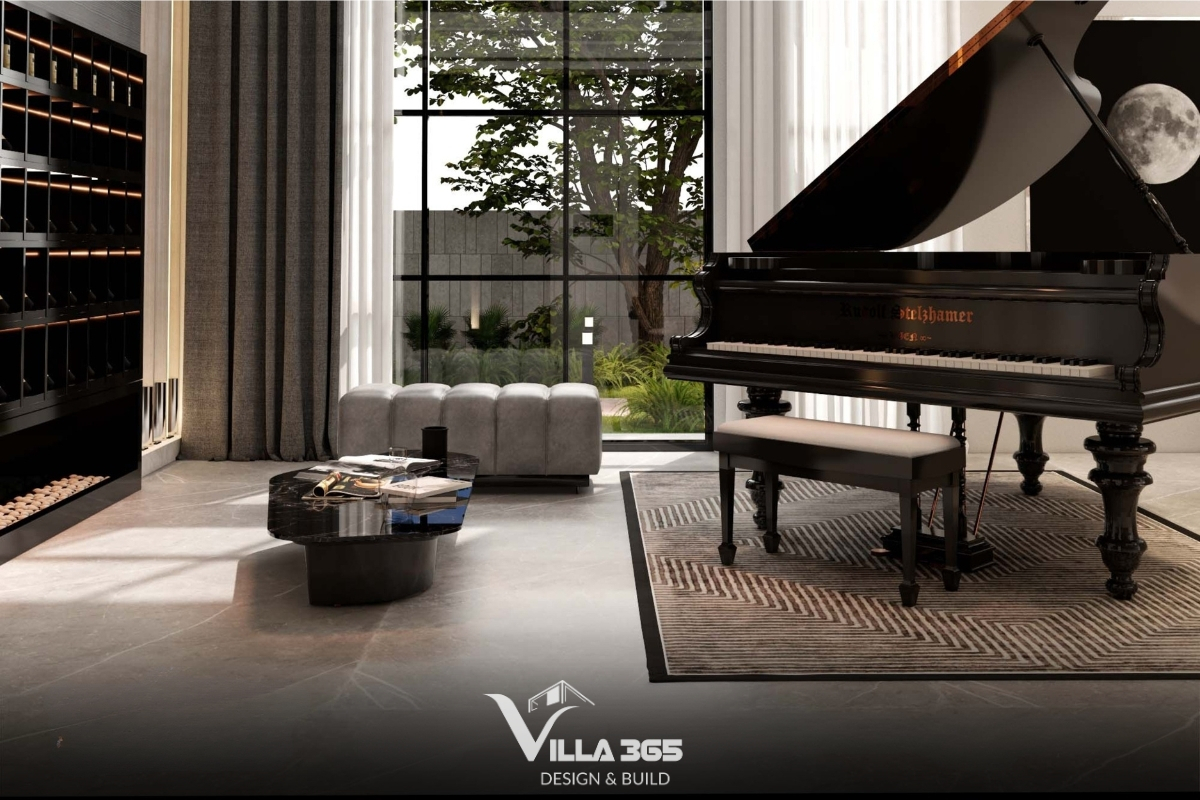 Khu vực thư giãn với đàn piano và cửa kính lớn giúp con người tách biệt khỏi nhịp sống hối hả để tận hưởng những giá trị tinh thần thuần khiết 