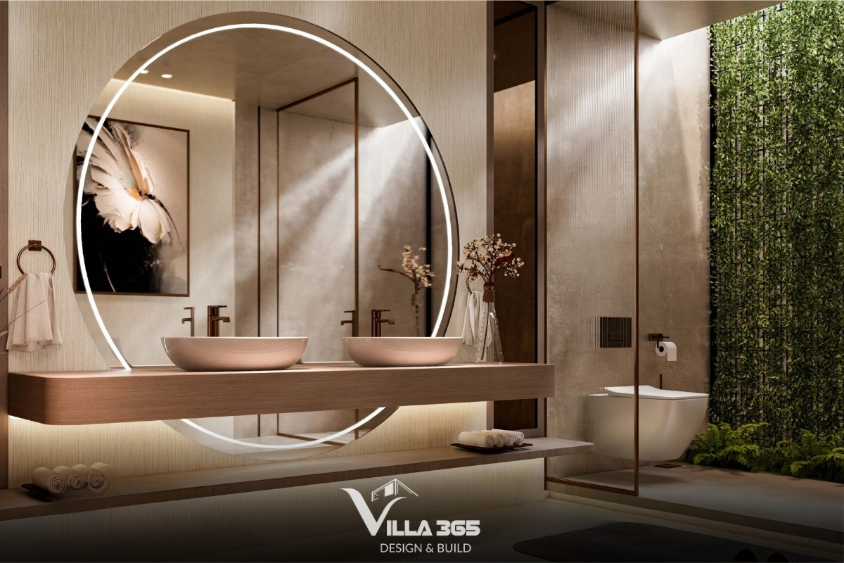 Sự phối kết giữa màu gỗ ấm và sắc hồng nhẹ mang lại cảm giác thanh lịch, dễ chịu cho phòng tắm