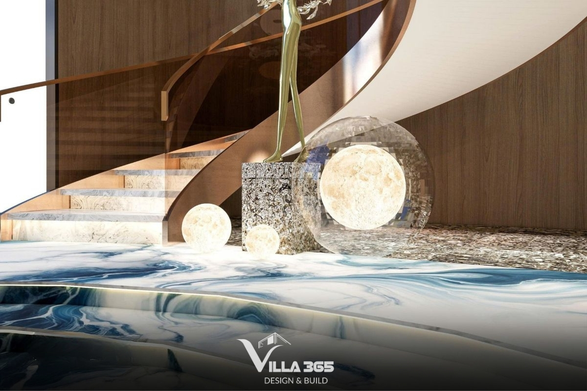Sàn nhà sử dụng đá xuyên sáng Blue Onyx với sắc xanh biển sâu thẳm trên nền trắng tinh khiết 