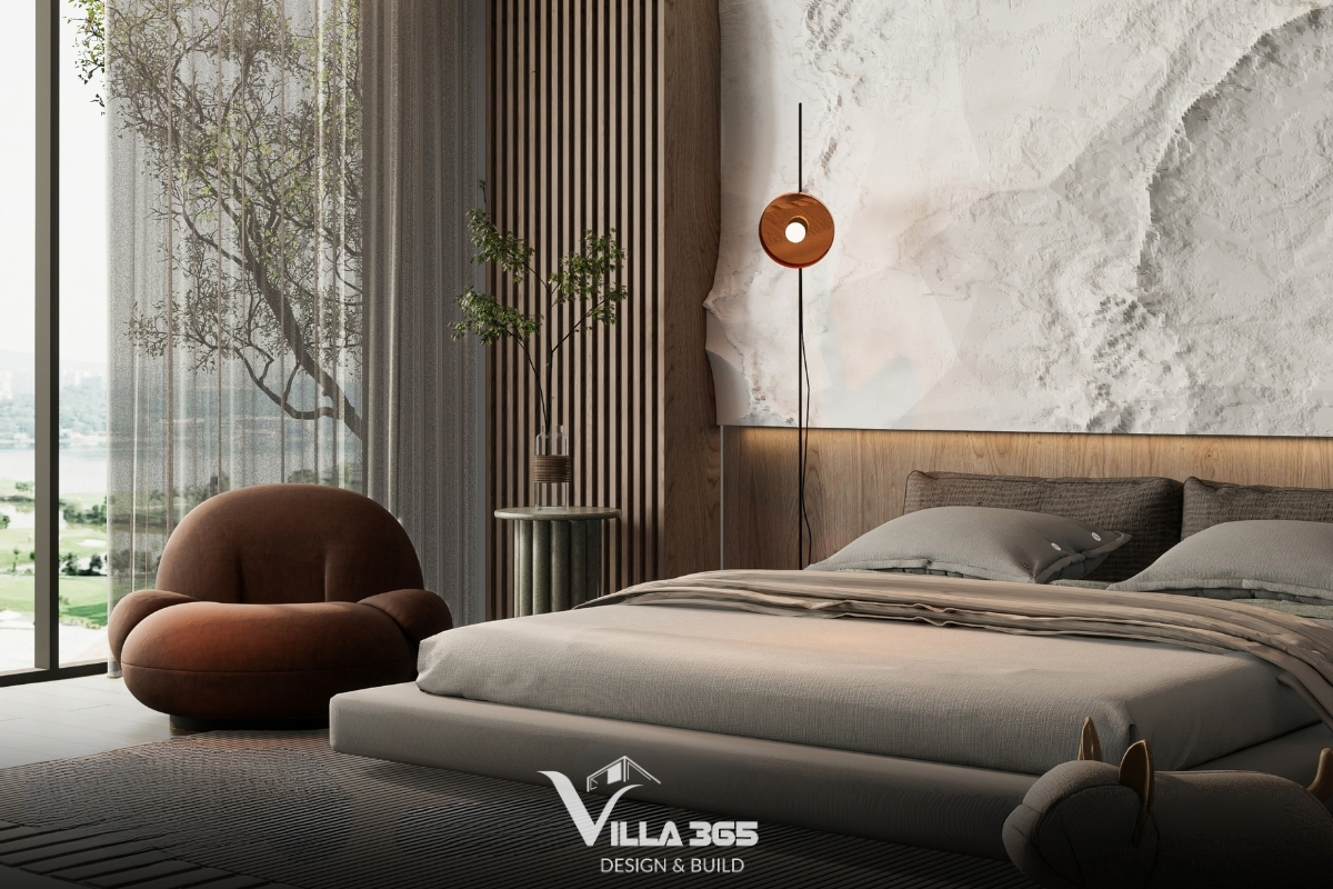 Ghế đơn bọc vải màu cam đất Terracotta với kiểu dáng tròn trịa là một lựa chọn tuyệt vời cho góc thư giãn 