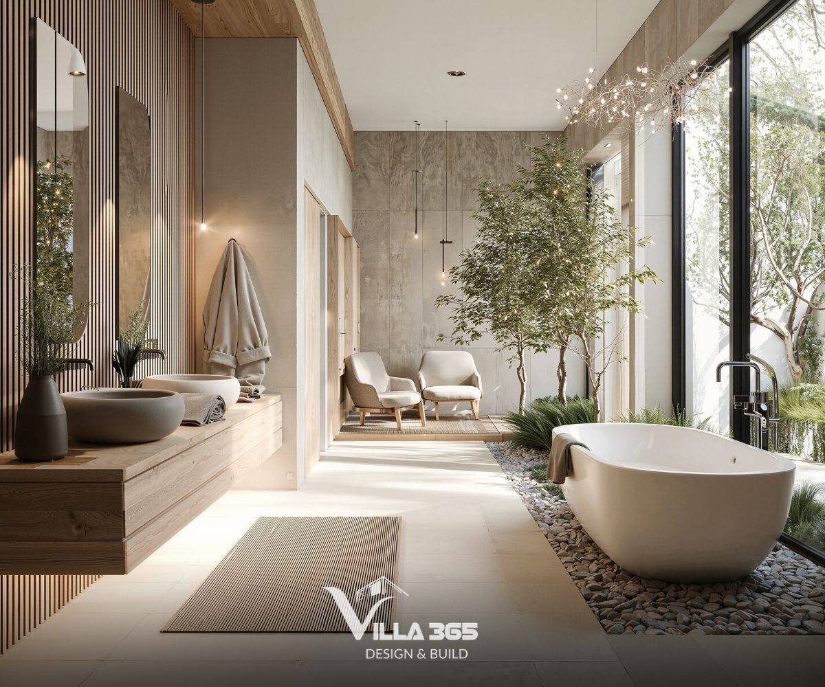 Việc sử dụng sỏi cuội quanh bồn tắm, sàn gỗ và các mảng tường ốp gỗ nan dọc mang lại sự thô mộc, gần gũi và thư giãn tuyệt đối
