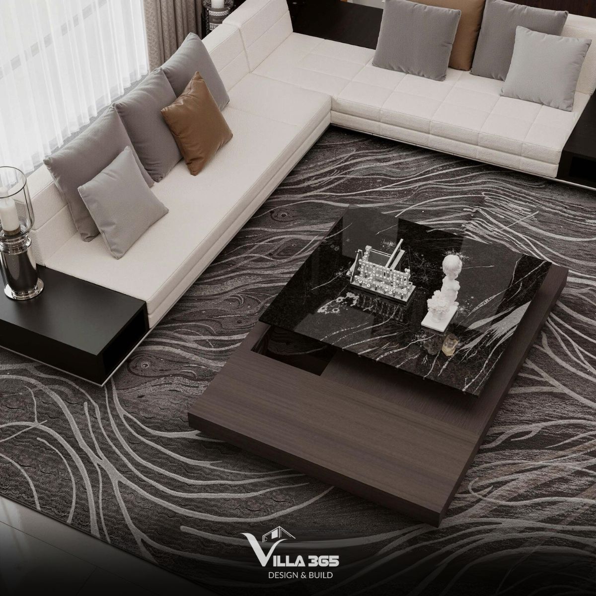 Bàn trà mặt đá marble đen vân mây kết hợp thảm trải sàn vân sóng màu đen gợi vẻ huyền bí, trầm mặc 