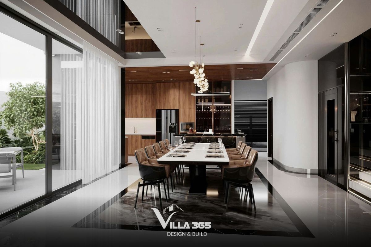Sàn nhà sử dụng mảng đá marble tối màu viền quanh bàn ăn, tạo hiệu ứng như một tấm thảm phân định không gian ước lệ 