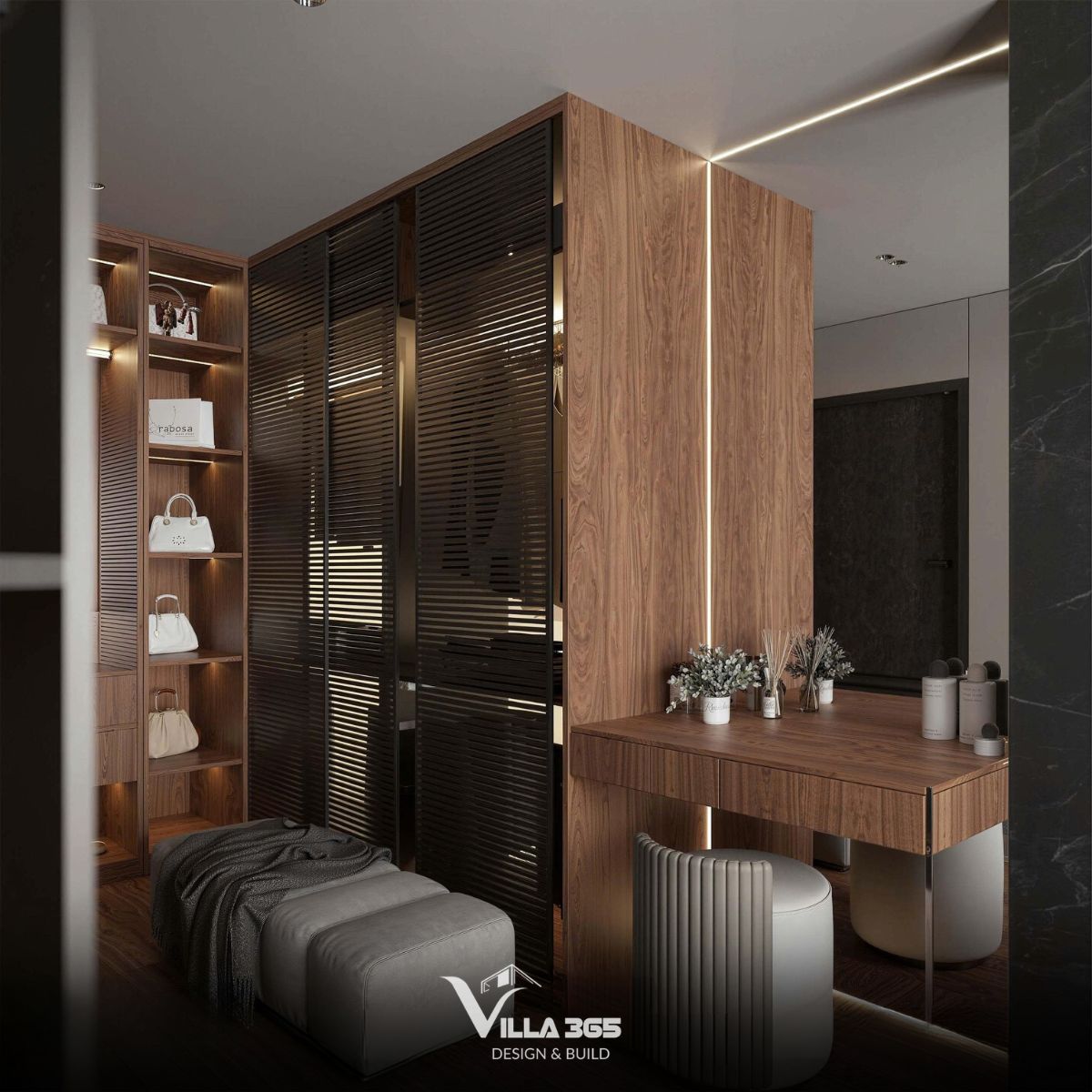 Toàn bộ bề mặt tủ và bàn trang điểm phủ lớp veneer gỗ màu nâu ấm với các đường vân chạy dọc tự nhiên, tạo cảm giác mộc mạc, gần gũi