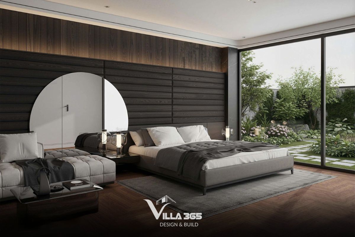 Thiết kế phòng ngủ hướng đến cảm giác tĩnh lặng thông qua vật liệu trầm ấm và ánh sáng tự nhiên dịu nhẹ 