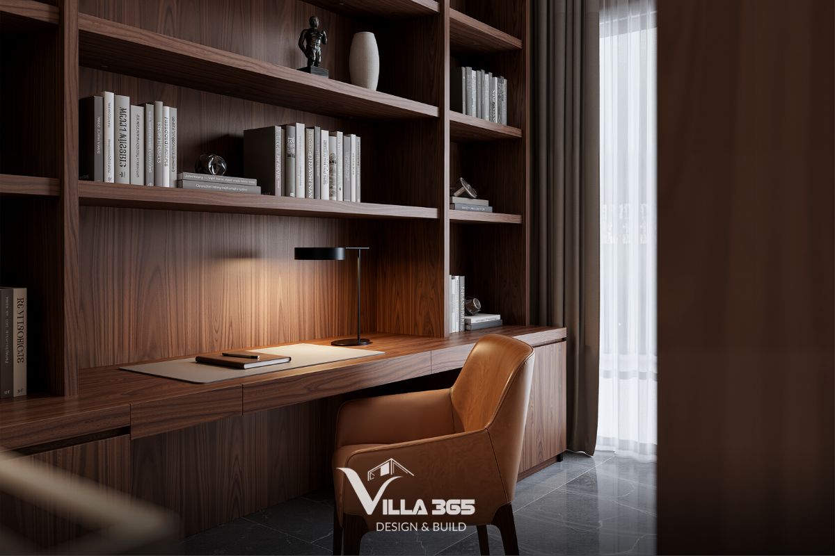 Góc làm việc và đọc sách được thiết kế để phục vụ các hoạt động làm việc, nghiên cứu chuyên sâu tại nhà của gia chủ 