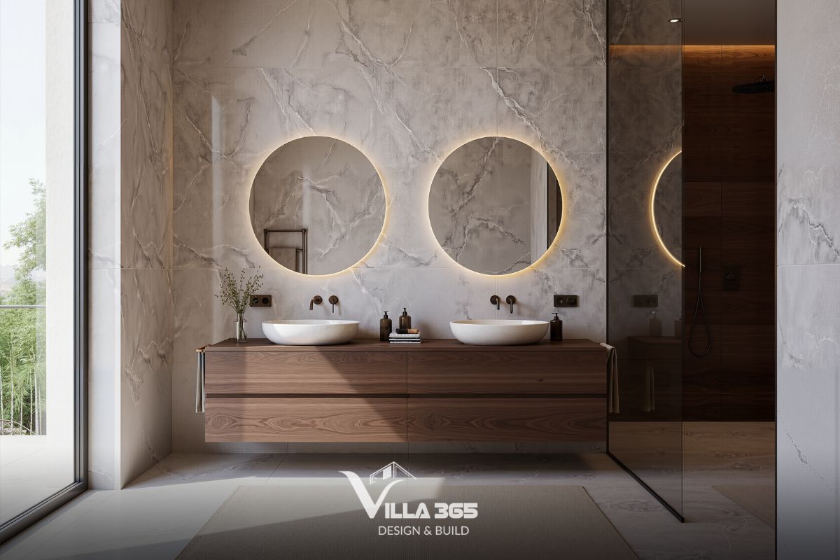 Phòng tắm bố trí đầy đủ tiện nghi với lavabo gốm sứ trắng, tủ gỗ lưu trữ, gương tròn viền Led… 