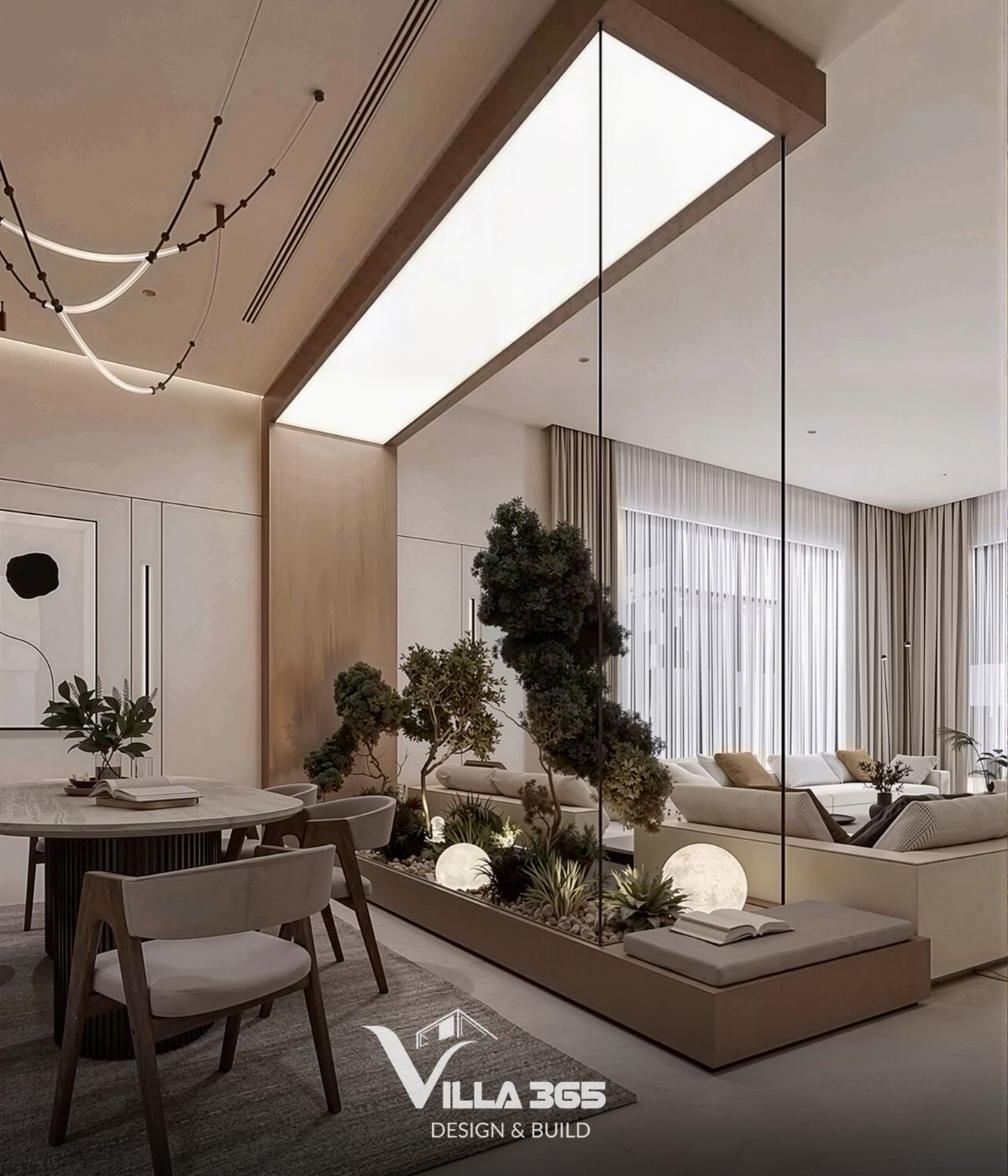 Hệ tiểu cảnh trung tâm đóng vai trò như “vách ngăn mềm”, tạo sự chuyển tiếp nhẹ nhàng giữa các khu vực chức năng 