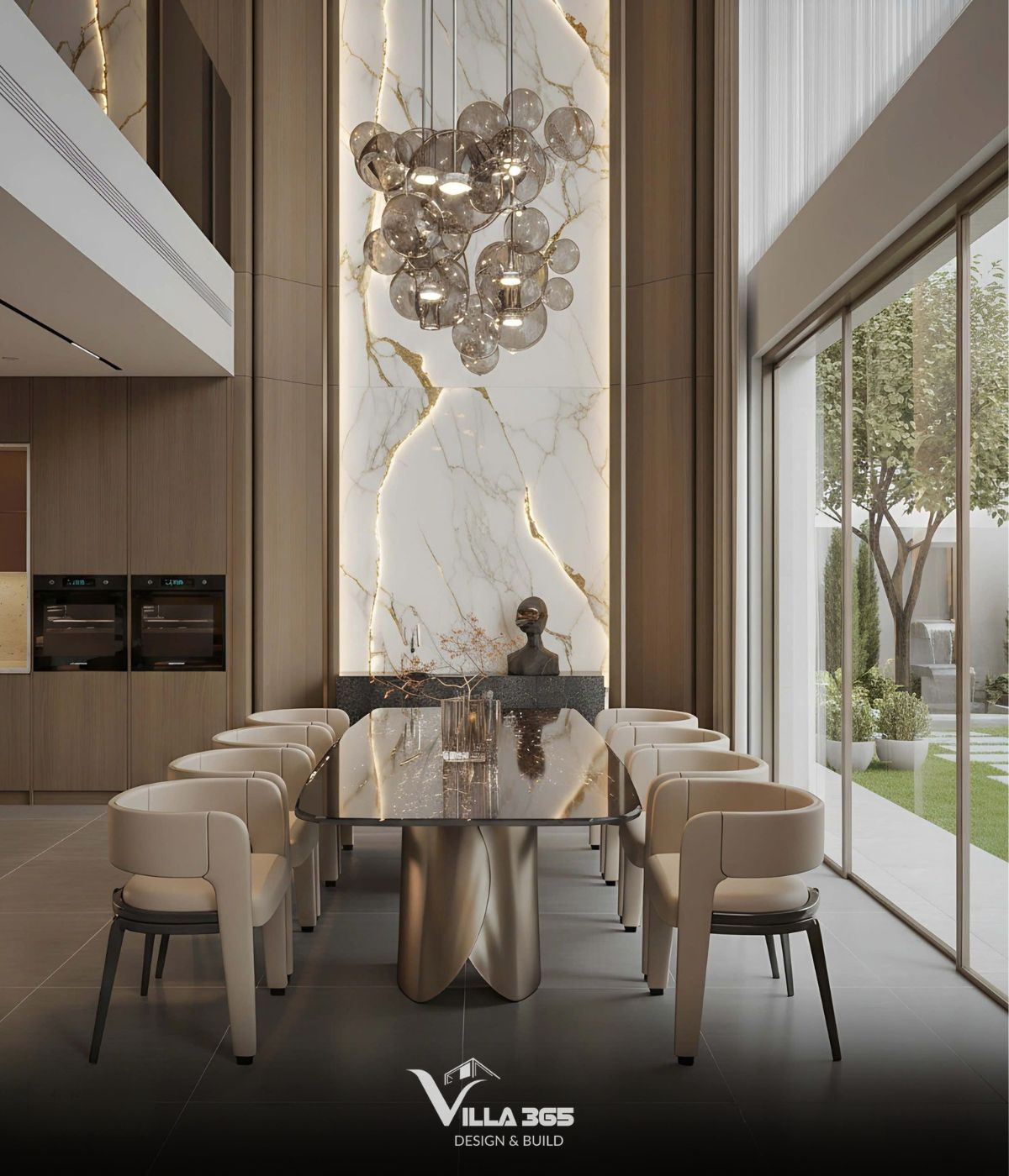 Mảng tường thông tầng cao ốp đá marble trắng vân vàng, xẻ rãnh nghệ thuật và đèn LED tinh tế 
