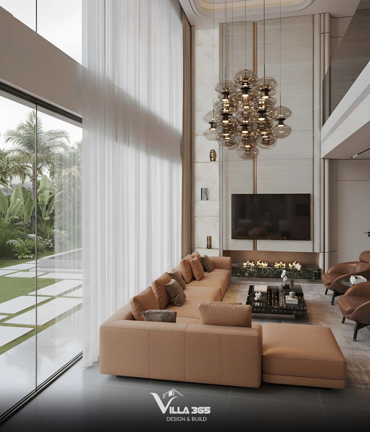 Hệ vách kính mở rộng tối đa, kết nối khoảng sân cỏ xanh, lối đi lát đá và hàng cây nhiệt đới bên ngoài