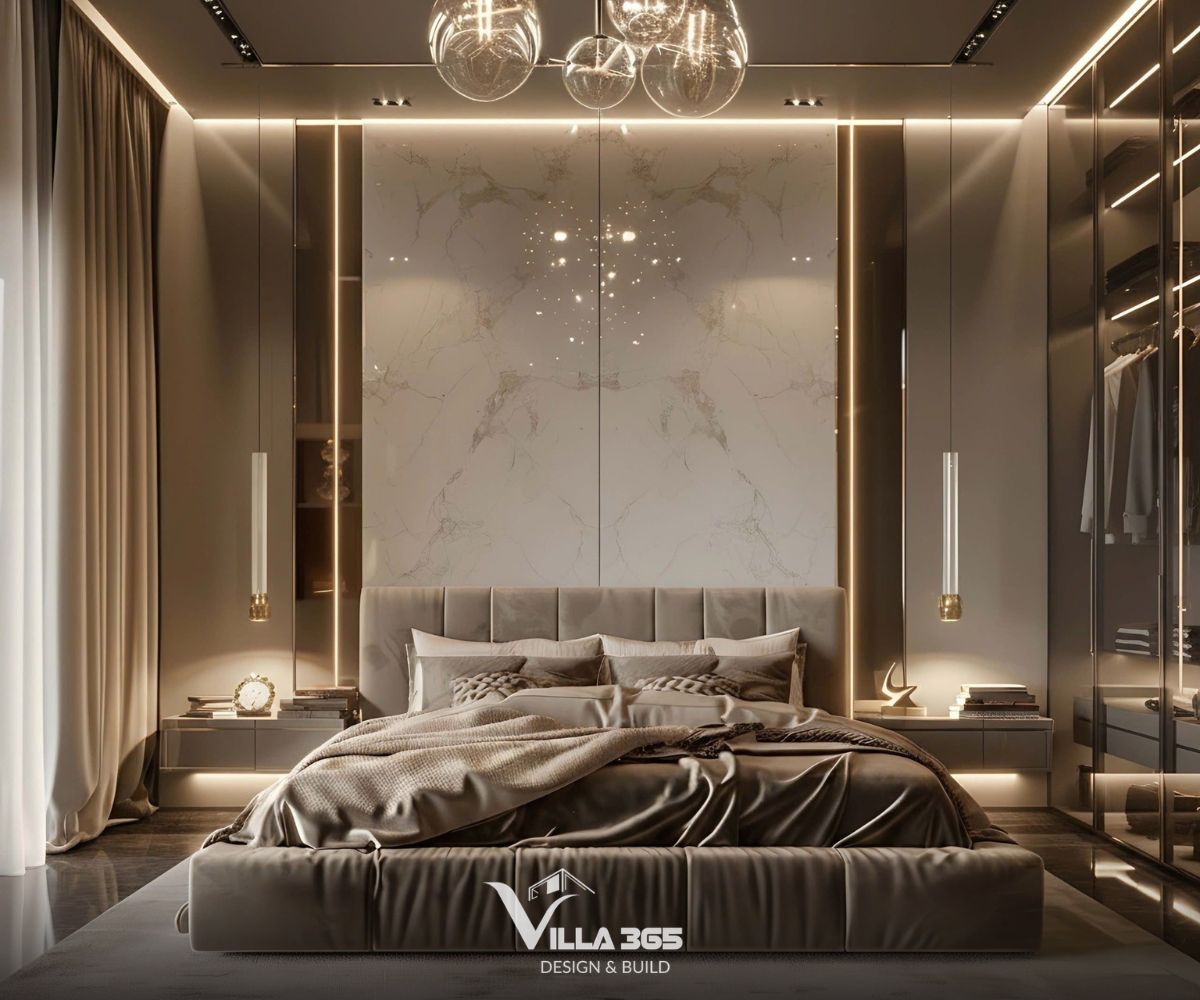 Mảng trung tâm sử dụng đá marble trắng vân mây đối xứng, hai bên kết hợp vách kính tối màu và hệ đèn LED thanh chạy dọc hắt sáng tinh tế 