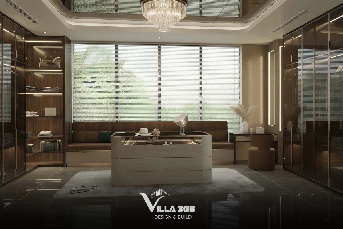 Sofa dạng băng dài bọc da màu nâu, tựa lưng chia ô đặt sát hệ cửa sổ lớn, tối ưu không gian thử đồ 