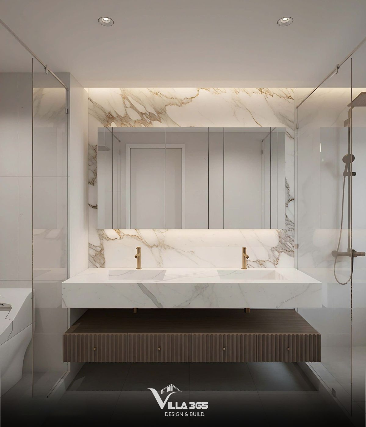 Bàn lavabo đôi với mặt đá nhân tạo màu trắng vân mây, tích hợp hai chậu rửa âm bàn vuông vức, đi kèm vòi nước màu vàng đồng sang trọng 