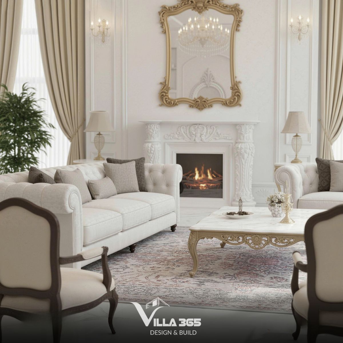 Khung gương mạ vàng uốn lượn, các món đồ decor kim loại trên bàn và chân đèn bằng đồng thuộc hành Kim