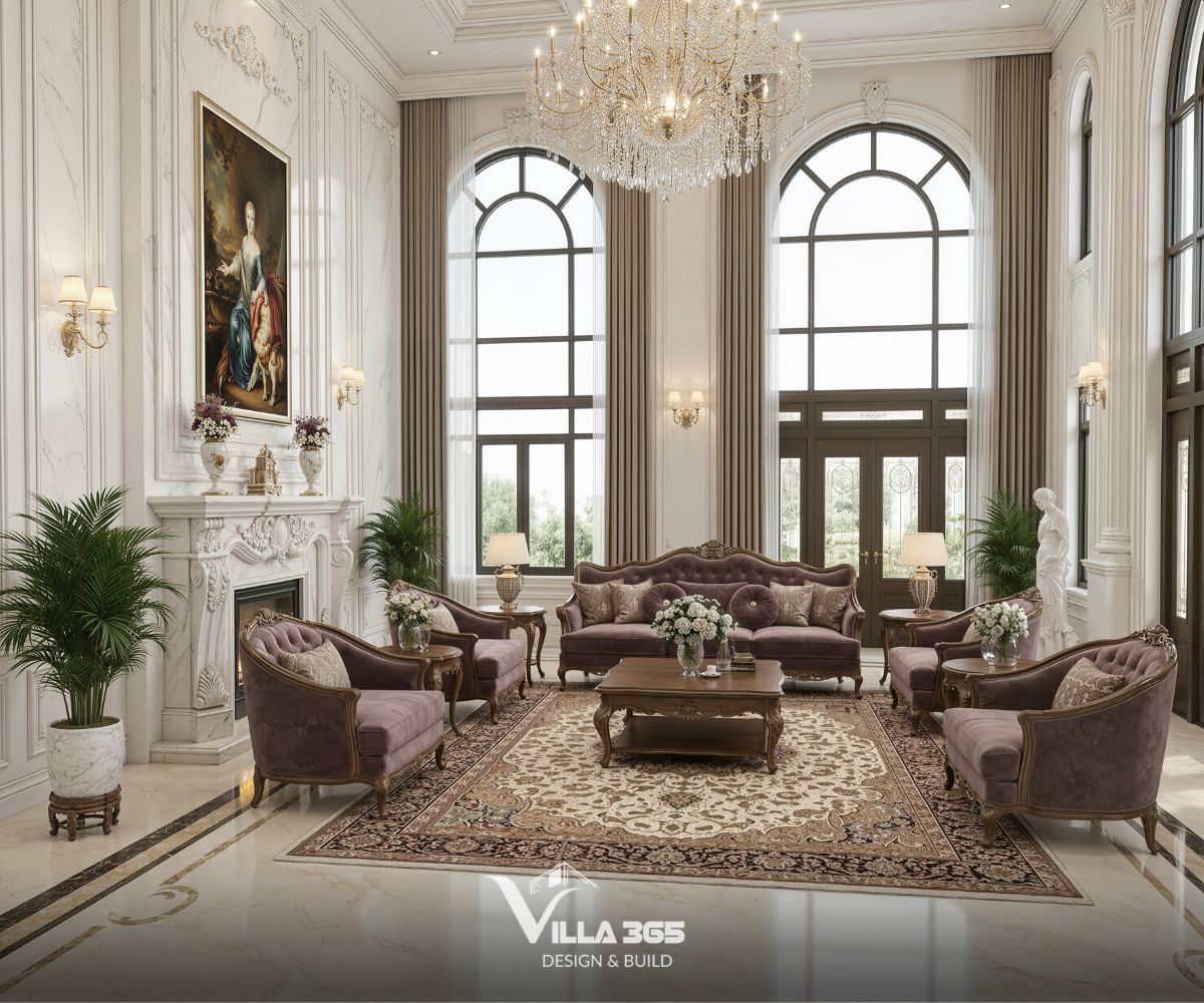 Sofa bọc nhung màu tím đậm với khung gỗ chạm trổ tinh xảo được sắp xếp đối xứng quanh bàn trà gỗ 