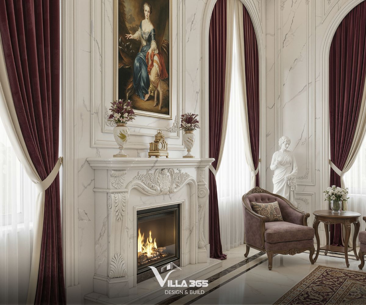 Lò sưởi bằng đá marble trắng được chạm khắc cầu kỳ, bên trên đặt các bình hoa và tranh sơn dầu khổ lớn, tạo nên nét đặc trưng của các dinh thự châu Âu 