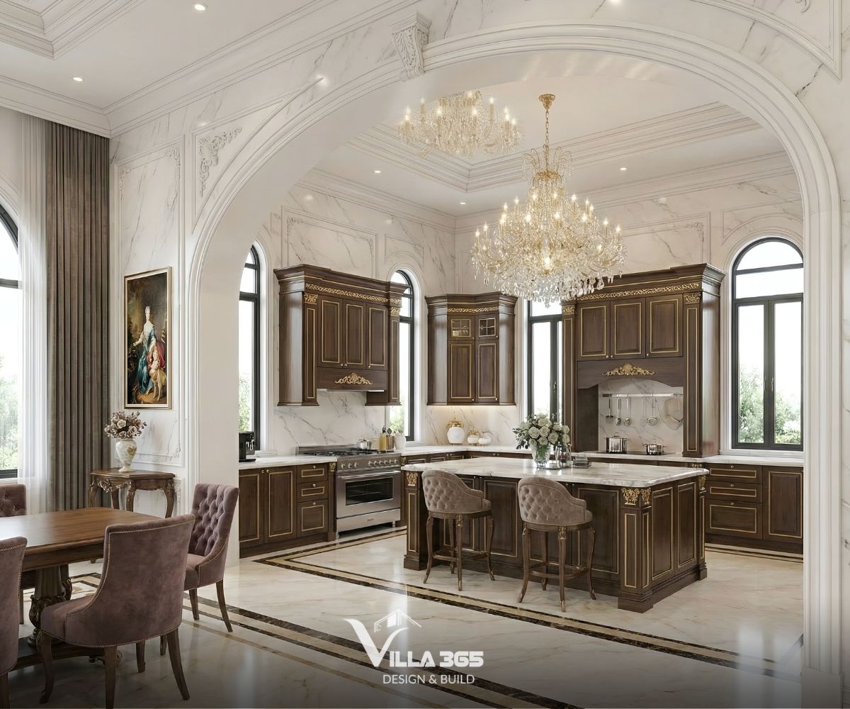 Không gian bếp được phân chia với khu vực bàn ăn bằng một nhịp vòm kịch trần đồ sộ, giúp không gian vừa có sự tách biệt chức năng, vừa giữ được sự thông thoáng xuyên suốt 